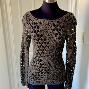 Open-Knit Scoop Neck Sweater Top - Brown